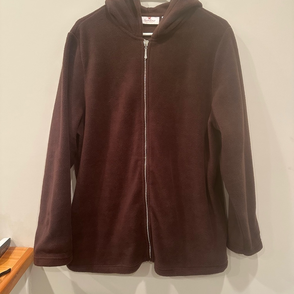 Quacker Factory Chocolate Brown Fleece Hoodie with Embellished Zipper Cozy Sz L - Picture 2 of 10